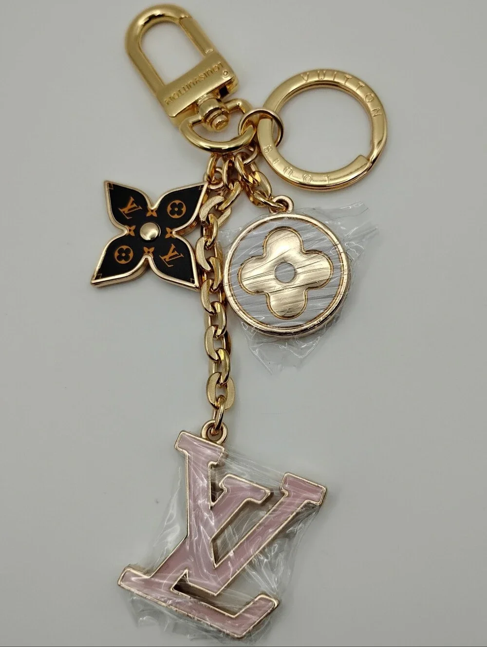 Louis Vuitton Gold & Pink LV Charm Keychain Authentic